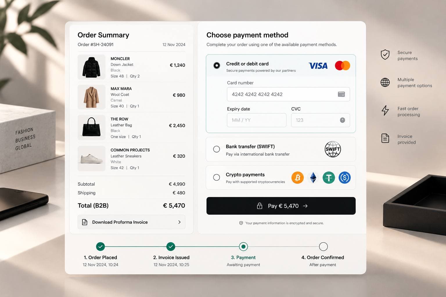 Illustrative B2B checkout interface showing an order summary, invoice and multiple payment methods.